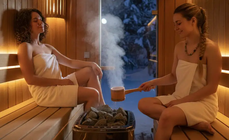 Due donne fanno la sauna avvolte da un asciugamano e irrorano le pietre incandescenti con acqua ed essenze.