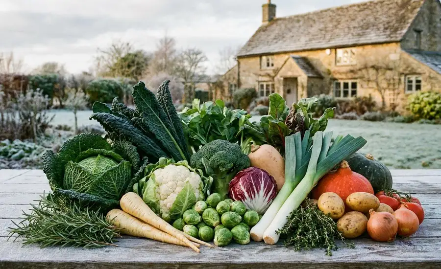 Insieme di ortaggi invernali disposti all'aperto in un contesto rurale