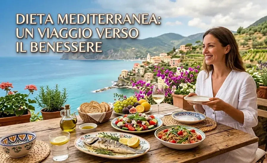 I benefici della dieta mediterranea con un pranzo su una terrazza con vista costiera