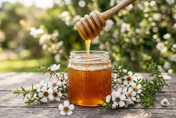 Barattolo di miele di Manuka con un cucchiaio di legno che gocciola miele, circondato da fiori di Manuka su una superficie di legno.