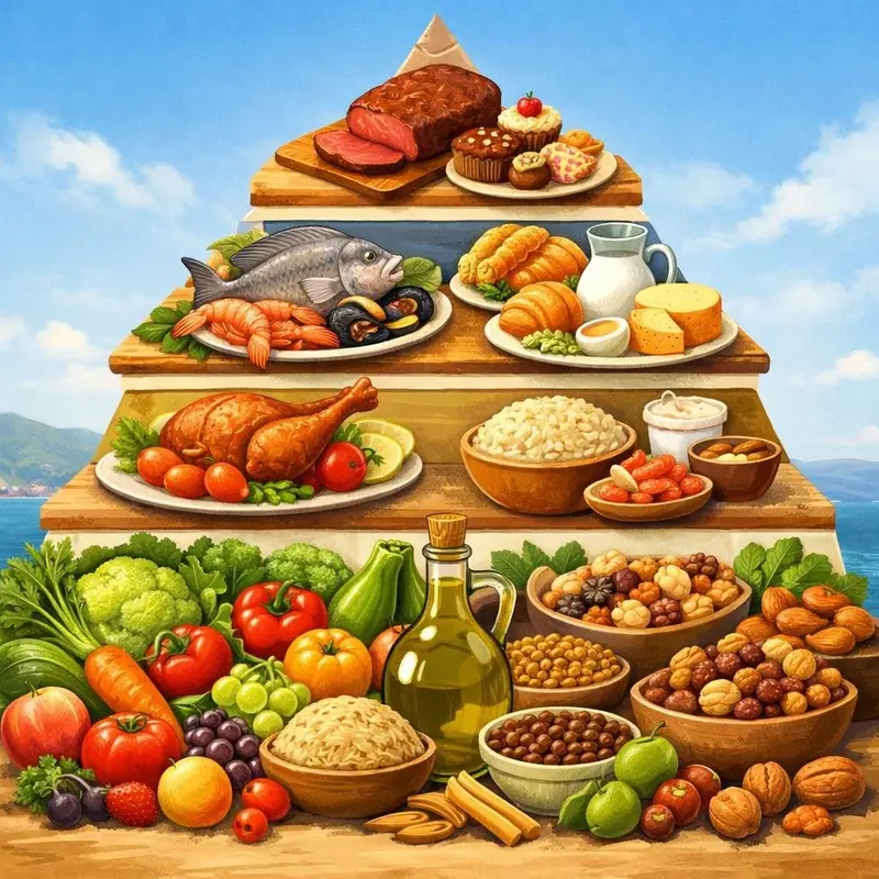Schema di piramide alimentare della dieta mediterranea
