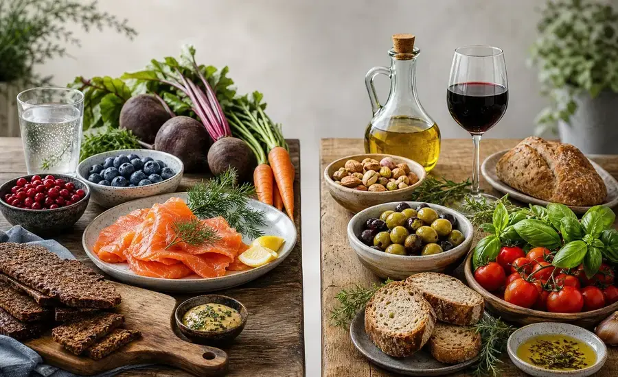 Confronto visivo tra la dieta nordica e quella mediterranea.