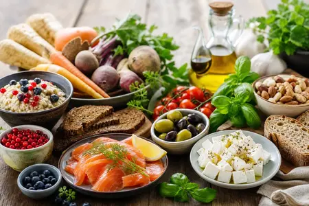 Una tavola con una selezione di cibi tipici delle diete nordica e mediterranea disposti ordinatamente, con pesce affumicato, frutti di bosco, verdure e pane da un lato e olive, pomodori, formaggio e olio d'oliva dall'altro.